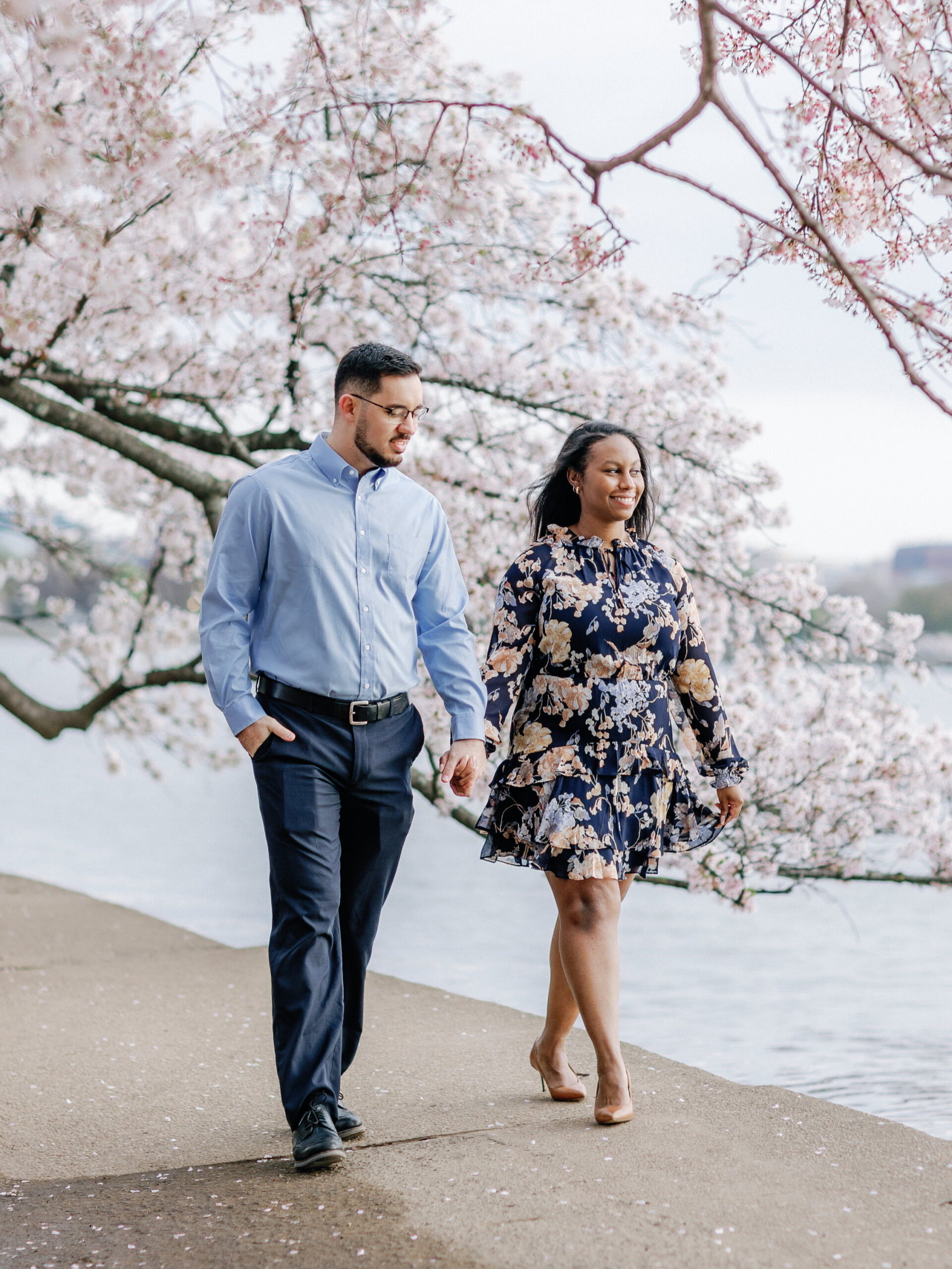 An newly engaged couple walking under the DC cherry blossom trees at the Tidal Basin.